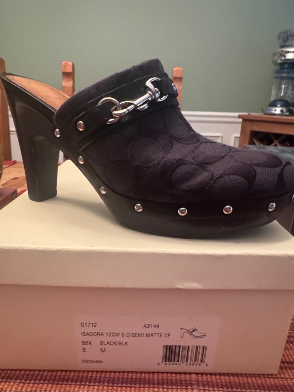 Coach Black Logo-Print Chain-Accent Clog Heel